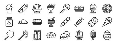 Smoothie, cannoli, jöle, dondurma, lolipop, çukulata topları, rapor, sunum, diyagram, mobil uygulama gibi 24 ana hatlı tatlı ve şeker ikonu seti