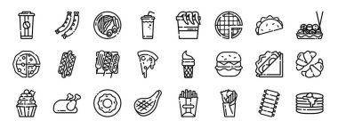 Rapor, sunum, diyagram, web tasarımı, mobil uygulama gibi 24 ana hatlı fast food simgesi seti: kahve, sosis, ramen, soda, tavuk kanadı, waffle, taco vektör simgesi