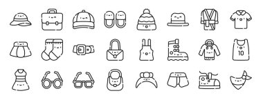 Rapor için Pamela, çanta, beyzbol şapkası, terlik, bere, bornoz vektör simgeleri, sunum, diyagram, web tasarımı, mobil uygulama gibi 24 ana hatlı web giysi simgesi seti