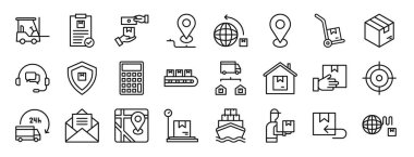 Rapor, sunum, diyagram, web tasarımı, mobil uygulama için forklift, dağıtım dosyası, teslimat, konum ve troleybüs vektör simgeleri gibi 24 ana hatlı web dağıtımı ve lojistik simgelerinden oluşan bir set