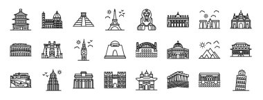 Tapınak, İtalya, Maya piramidi, Paris, büyük giza sfenksi, Vatikan, rapor için taş vektör simgeleri, sunum, diyagram, web tasarımı, mobil uygulama gibi 24 ana hatlı web dünyası simgelerinden oluşan simgeler kümesi