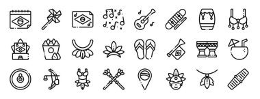 Takvim, fırıldak, poster, müzik, gitar, reco reco, rapor için davul vektör simgeleri, sunum, diyagram, web tasarımı, mobil uygulama gibi 24 ana hatlı web karnaval simgesi seti