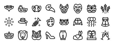 Karnaval maskesi, karnaval maskesi, maske, veba doktoru, rapor için vektör simgeleri, sunum, diyagram, web tasarımı, mobil uygulama gibi 24 ana hatlı Venedik karnaval simgesi seti