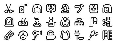 Makas, saç spreyi, peruk, sertifika, kuaför, jilet, rapor için katalog vektör simgeleri, sunum, diyagram, web tasarımı gibi 24 ana hatlı kuaför ikonu seti,