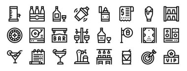 Bira, bira, viski, karıştırıcı, çakmak, fatura, rapor için milkshake vektör simgeleri, sunum, diyagram, web tasarımı, mobil uygulama gibi 24 ana hatlı web bar simgesi seti