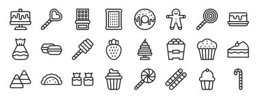 Pasta, lolipop, chote bar, bisküvi, çörek, zencefilli çörek adam, rapor için lolipop vektör simgeleri, sunum, diyagram, web tasarımı, mobil uygulama gibi 24 ana hatlı tatlı ve şeker ikonu seti
