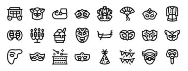 Taşıma, karnaval maskesi, ayakkabı, karnaval maskesi, maske, fan, rapor için vektör simgeleri, sunum, diyagram, web tasarımı, mobil uygulama gibi 24 ana hatlı Venedik karnaval simgesi seti