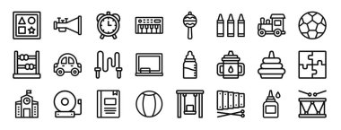 Şekil oyuncağı, et, saat, piyano, çıngırak, boya kalemleri, rapor için oyuncak tren vektör simgeleri, sunum, diyagram, web tasarımı, mobil uygulama gibi 24 ana okulu simgesi seti