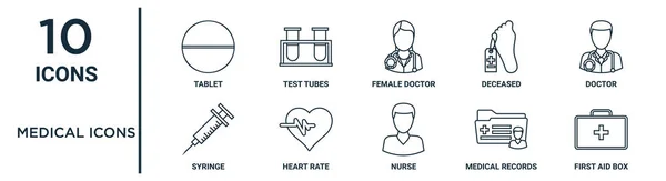 Набір Іконок Медичних Іконок Включає Тонку Лінію Планшета Жіночого Лікаря — стоковий вектор