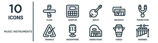 Music Instruments Outline Icon Set Includes Thin Line Clave Banjo — Stock Vector