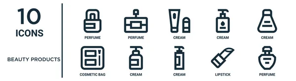美容产品轮廓图标集包括细线香水 化妆品袋图标用于报告 网页设计 — 图库矢量图片