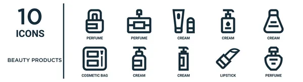 Produits Beauté Aperçu Icône Ensemble Comprend Ligne Mince Parfum Crème — Image vectorielle