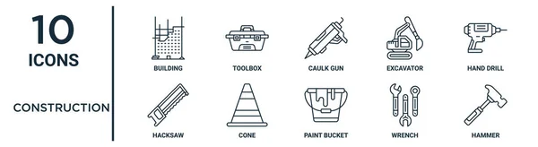 Набір Піктограм Будівельного Контуру Включає Себе Тонку Лінію Будівництва Колючий — стоковий вектор