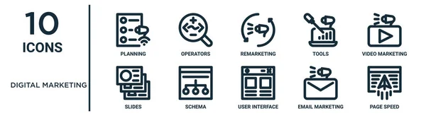 Conjunto Iconos Esquema Marketing Digital Incluye Planificación Líneas Delgadas Remarketing — Vector de stock