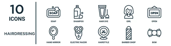 理发轮廓图标集包括细线肥皂 染发剂 电动剃须刀 理发店 用于报告 网页设计的手镜图标 — 图库矢量图片