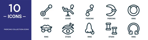 Piercing Collection Icons Outline Icon Set Includes Thin Line Studs — Stock Vector