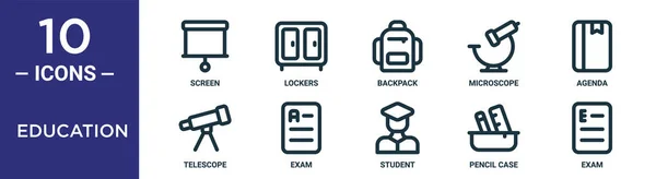 Education Outline Icon Set Includes Thin Line Screen Backpack Agenda — Stock Vector
