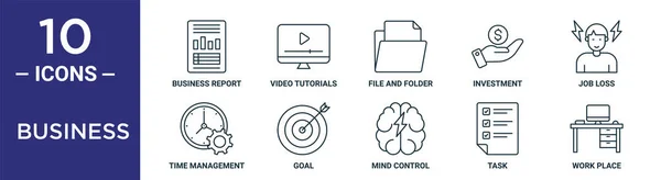 业务大纲图标集包括细线业务报告 文件和文件夹 工作损失 工作地点 报告时间管理图标 网页设计 — 图库矢量图片
