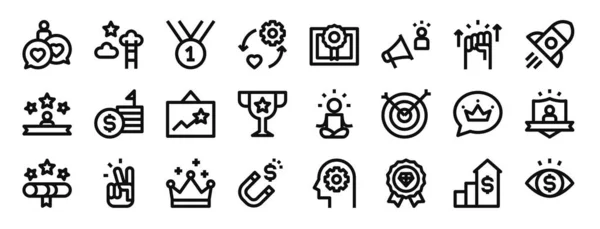 Set Outline Web Motivation Icons Compliment Accomplishment Number One Passion — Stock Vector