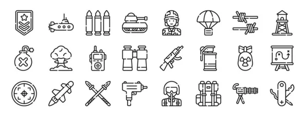 Set Outline Web Military Icons Chevron Submarine Bullet Tank Military — Stock Vector