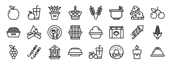 Conjunto Iconos Celebración Web Esquema Tales Como Jugo Planta Pastel — Vector de stock