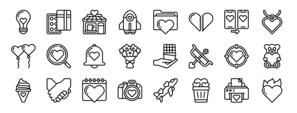 一套24个轮廓的网络爱情图标 如灯泡 唱诗集 咖啡馆 文件夹 破碎的心 用于报告 网页设计 移动应用程序的爱情信息矢量图标 — 图库矢量图片