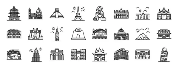 Set Outline Web World Landmarks Icons Temple Italy Mayan Pyramid — Stock Vector