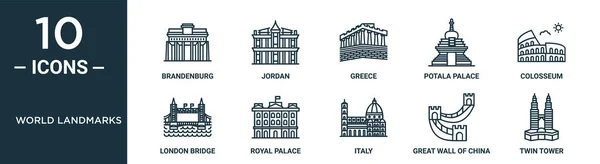 Weltdenkmäler Umreißen Symbolset Umfasst Dünne Linie Brandenburg Griechenland Kolosseum Königspalast lizenzfreie Stockvektoren