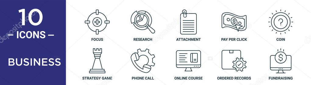 business outline icon set includes thin line focus, attachment, coin, phone call, ordered records, fundraising, strategy game icons for report, presentation, diagram, web design