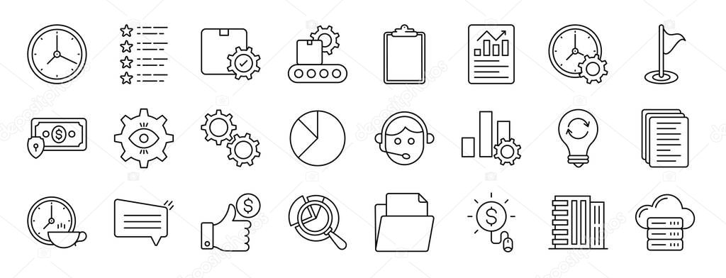 set of 24 outline web business icons such as clock, customer feedback, ordered records, production, clipboard, reporting, time management vector icons for report, presentation, diagram, web design,