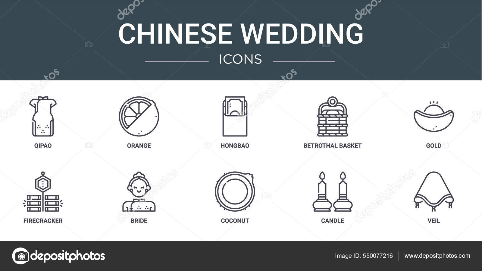Set Outline Web Chinese Wedding Icons Qipao Orange Hongbao Betrothal Stock Vector Image By C Free Download