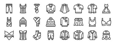 Rapor için kotlar, cor, kravat, kapüşon, etek, polo gömlek, gömlek vektör simgeleri, sunum, diyagram, mobil uygulama gibi 24 ana hatlı giysi simgesi