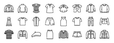 Deri ceket, sweatshirt, pijama, bluz, üniforma, tulum, rapor için bluz vektör simgeleri, sunum, diyagram, web tasarımı, mobil uygulama gibi 24 ana hatlı bahar ikonu seti