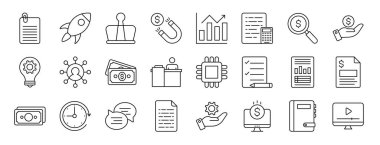 Eklenti, başlatma, bağlayıcı klipsi, mıknatıs, iş raporu, bütçe, rapor, sunum, diyagram, web tasarımı, mobil uygulama gibi 24 ana hatlı web iş simgesi seti