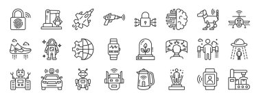 Parmakizi tanımlaması, endüstriyel robot, roket, lazer silahı, güvenlik sistemi, sinir sistemi, rapor için robot köpek vektör simgeleri, sunum gibi 24 ana hatlı web şeylerinden oluşan ikonlar.,