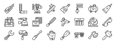 Rapor, sunum, diyagram, web tasarımı, mobil uygulama gibi 24 ana hatlı marangozluk simgesi seti (cutter, cetvel, vice, caliper, paint brush, plumb, compressor vektör simgeleri)