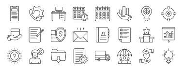 Rapor, sunum, diyagram, web tasarımı, mobil uygulama gibi 24 ana hatlı iş simgesi seti, bizimle irtibat, telefon görüşmesi, iş yeri, son teslim tarihi, zamanlama, sonuç, fikir ampul vektör simgeleri