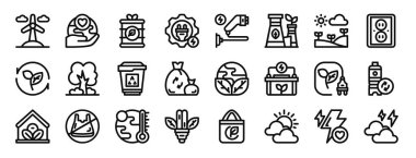 Yel değirmeni, variller, elektrik, şarj istasyonu, fabrika, fabrika, doğa vektör simgeleri gibi 24 ana hatlı web ekoloji ikonu, sunum, diyagram, web tasarımı, mobil
