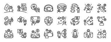 Rapor, sunum, diyagram, web tasarımı, mobil uygulama gibi 24 ana hatlı web metaevren simgesi seti (avatar, vr gözlük, dijital, fütüristik, dijital vektör simgesi)