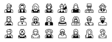 Rapor, sunum, diyagram, web tasarımı, mobil uygulama gibi 24 ana hatlı web şehir simgesi seti: motorcu, metal, gotik, punk, sörfçü, metal, steampunk vektör simgeleri