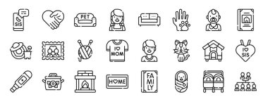 Çağrı, el sıkışma, evcil hayvan yatağı, kız, kanepe, evcil hayvan, kız vektör simgeleri, sunum, diyagram, web tasarımı, mobil uygulama gibi 24 ana hatlı web aile simgesinden oluşan bir set