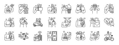 Sepet, sinema, kahve, bebek, dondurma, ekoloji, hamburger vektör simgeleri, sunum, diyagram, web tasarımı, mobil uygulama gibi simgelerin etrafında 24 ana hatlı web aşk seti bulunmaktadır.
