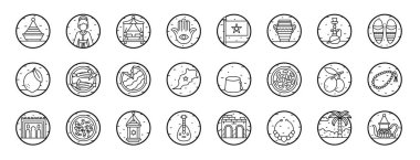 Rapor, sunum, diyagram, web tasarımı, mobil uygulama gibi 24 ana hatlı Fas kültür ikonu seti: tajine, kadın, yatak odası, illuminati, bayrak, amforo, nargile vektör simgeleri