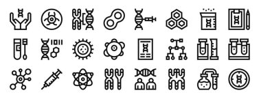 Rapor için DNA, biyolojik tehlike, kromozom, hücre, genetik, nükleotit, beher vektör simgeleri, sunum, diyagram, web tasarımı, mobil uygulama gibi 24 ana hatlı genetik ikon kümesi