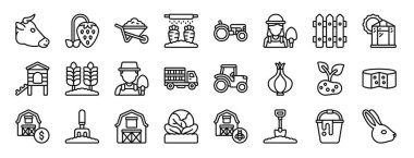 İnek, çilek, el arabası, sulama sistemi, traktör, çiftçi, rapor için çit vektör simgeleri, sunum, diyagram, web tasarımı, mobil uygulama gibi 24 ana hatlı ağ tarım ikonu seti