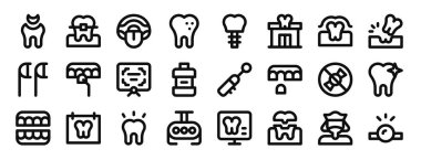 Diş dolgusu, diş teli, ağız, diş macunu, implant, diş kliniği, rapor için diş minesi vektör simgeleri, sunum, diyagram, web tasarımı, mobil uygulama gibi 24 ana hatlı dişçi simgesi seti