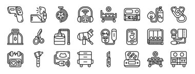 Termometre tabancası, nebulizer, ameliyat lambası, odiyometre, hastane yatağı, pompa, rapor için oksijen vektör simgeleri, sunum, diyagram, web tasarımı gibi 24 ana hatlı tıbbi malzeme ikonu seti,