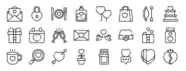 Rapor, sunum, diyagram, web tasarımı, mobil uygulama gibi 24 ana hatlı sevgililer günü simgesi, aşk mektubu, asma kilit, akşam yemeği, parfüm, balon, alışveriş çantası, aşk tanrısı ok vektör simgesi seti