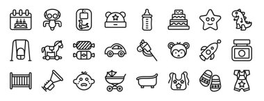 Doğum günü, robot, beslenme, yün şapka, bebek besleyicisi, pasta, rapor için yıldız vektör simgeleri, sunum, diyagram, web tasarımı, mobil uygulama gibi 24 ana hatlı bebek ve çocuk simgesi