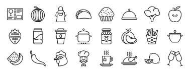 Rapor, sunum, diyagram, web tasarımı, mobil uygulama gibi 24 ana hatlı web yiyecek ve içecek ikonu seti, menü, karpuz, önlük, tako, kap kek, tabak, karnabahar vektör simgeleri